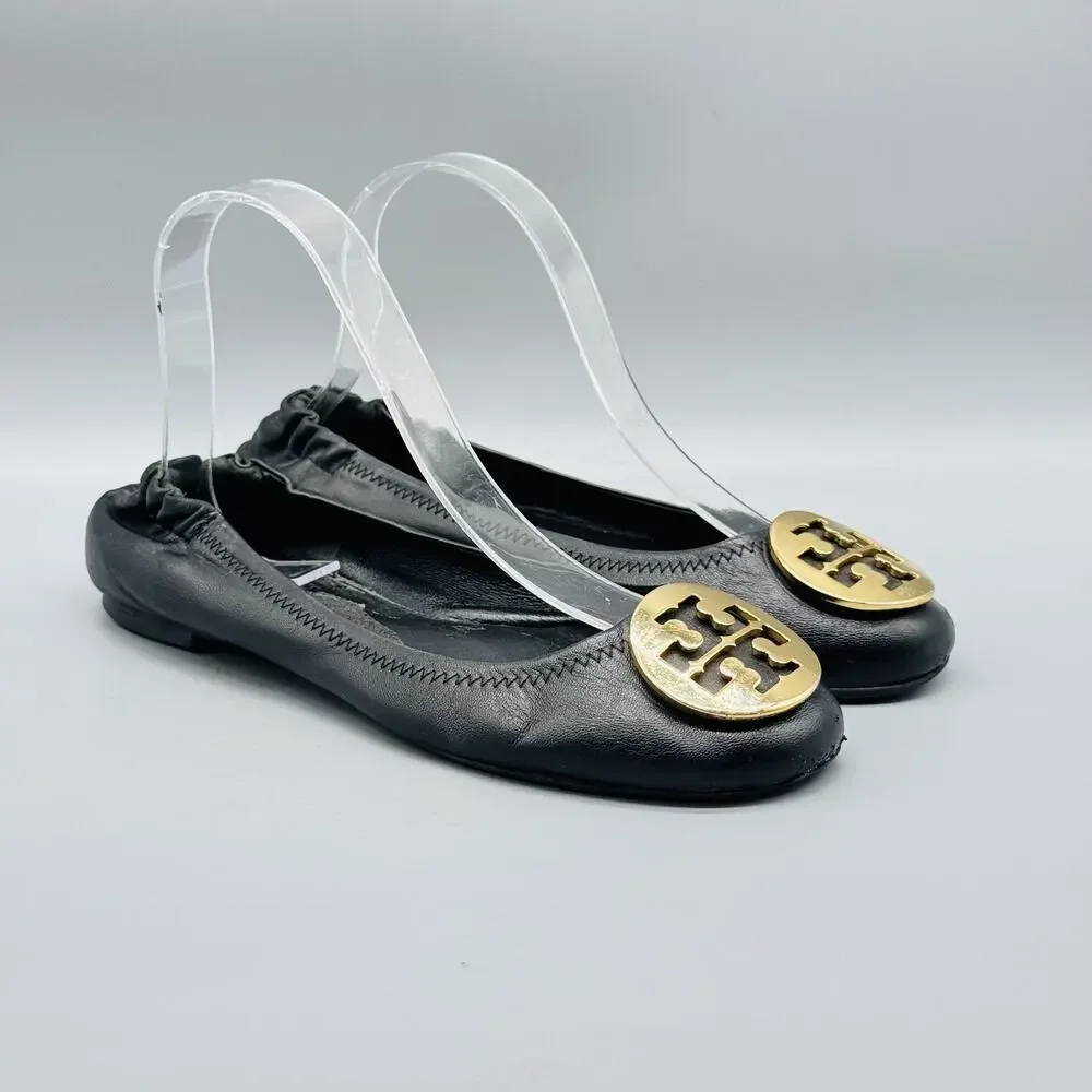 Tory Burch Shoes Women 7.5 Black Leather Ballet Flats Gold Medallion Logo Travel